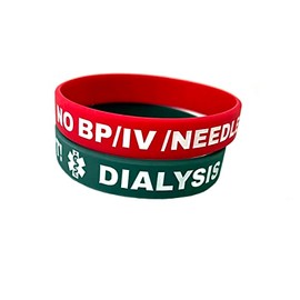 Dialysis Patient No Bp/IV/Needles Silicone Bracelet Set of 2 (LARGE Adult)