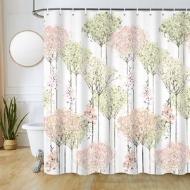 Ruelvth Forest Shower Curtain, Abstract Pink and Green Tree Shower Curtain Set for Bathroom Watercolor Spring Botanical Shower Curtain Set with Hooks, 72x72 Inch