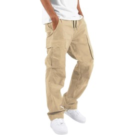 ALLABREVE Mens Casual Joggers Pants Hiking Drawstring Chino Cargo Pants Lightweight Outdoor Twill Track Jogging Sweatpants Cotton Loose Straight Leg Pants (Beige 40)
