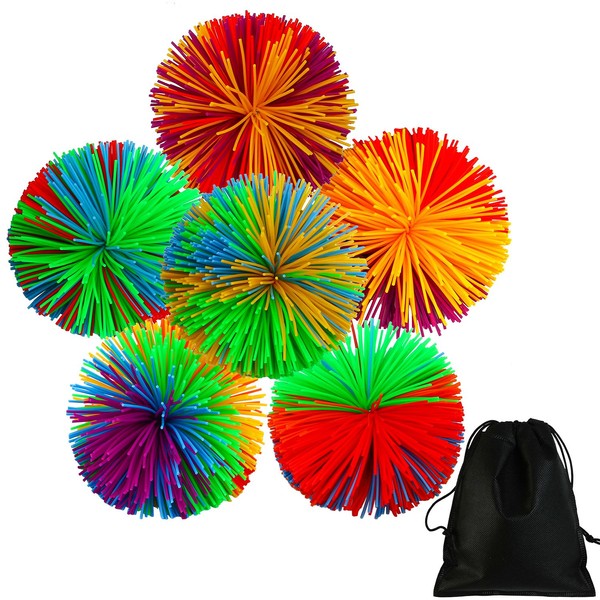 6 Pieces Colorful Monkey Stringy Balls 2.75 Inches Sensory Fidget Toy Stress Balls Rainbow Pom Ball Active Toys with Drawstring Bag