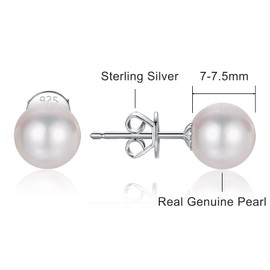 Pearl Stud Earrings for Women 925 Sterling Silver Sensitive Genuine 7mm White Real Round Freshwater Cultured Pearls Everyday Earrings Studs Ladies