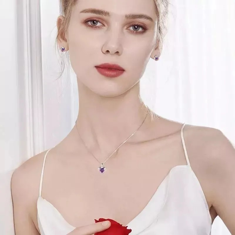 Collar Y Aretes Dije Corazón Cristal Mujer,regalo Para Mujer