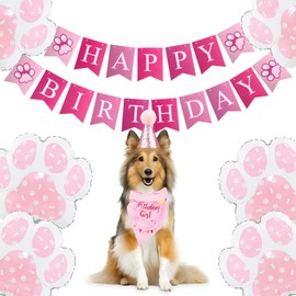 KLHKLH Dog Birthday Party Supplies Decorations,Dog Birthday Girl Banner Scarfs Hat Balloon（Pink）
