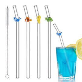 4 Pcs Glass Straws Shatter Resistant with 1 Cleaning Brushes, Colorful Cute Reusable Straw Dishwasher Safe for Ocean Themed Party Decorations, Juice, Summer Beach, Birthday Party(Sea Animal)
