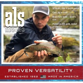 AL's Goldfish Lure Company, G100 Goldfish Freshwater Fishing Spoon Lure with Treble Hook for Trout, Salmon, Bass, Walleye, Crappie and Other panfish. 3/16 oz. 1-1/2", #8 Hook, Gold