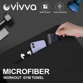 Vivva 2PC Set Microfibre Hooded Gym Towel with Zip Pocket, Quick Dry Super Absorbent Sweat Towel for Exercise Bench Training Workout, Lightweight Carry Bag for Sports, Beach, Travel, Camping (Black)