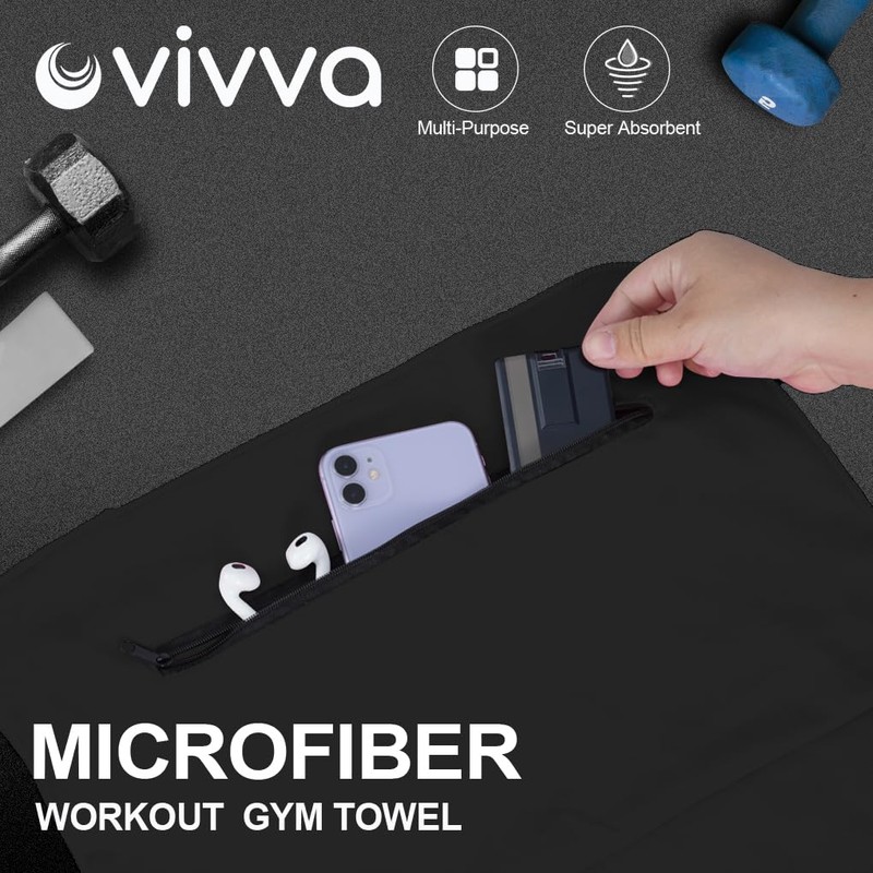 Vivva 2PC Set Microfibre Hooded Gym Towel with Zip Pocket,