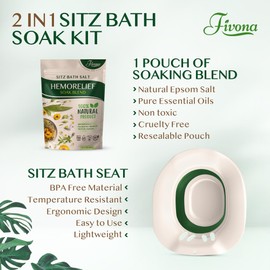 Fivona 2-in-1 Sitz Bath Soak Kit Over The Toilet Seat with Epsom Salt Blend with Essential Oils for Hemorrhoids and Postpartum Care Ideal for Perineal Soaking and Fast Irritation Relief