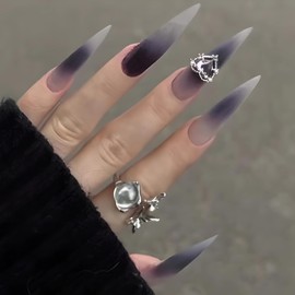 BABALAL Stiletto Press on Nails Long Fake Nails Purple Ombre Glue on Nails Luxury Heart Charm Design Acrylic Nails 24Pcs Goth Matte Almond Gel Stick on False Nails
