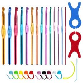 Crochet Hooks Set, Aluminium Crochet Needles 14 Sizes Ergonomic Handle Crochet Kits for Beginners Adults, with Stitch Markers, Needles and Bobbin Winder (Multi-Colored B)
