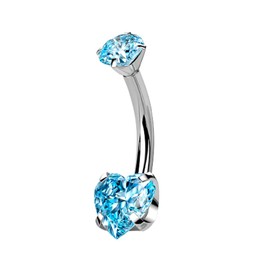 Pierced Owl 14GA G23 Implant Grade Titanium Prong Set CZ Crystal Heart Internally Threaded Belly Button Ring (Silver Tone/Aqua)