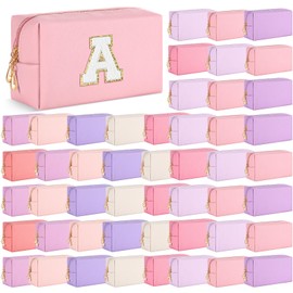 Cunno 50 Pcs Makeup Bag Bulk PU Leather DIY Cosmetic Plain Preppy Makeup Pouch Portable Waterproof Toiletry Bags for Women Travel Pencil Case Cosmetic Organizer (Pink Purple)