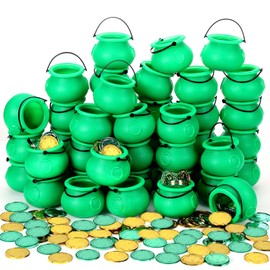Foilswirl 150 Pcs St. Patrick's Day Candy Cauldron Kettles and Plastic Shamrock Coins Set Include Mini Cauldron Plastic with Handle Green Fake Gold Coins for St Patrick's Day Party Decoration Supplies