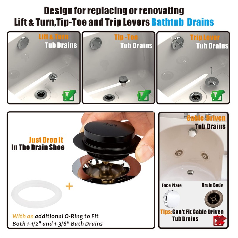 Black Universal Tub Drain Tip Toe Tub Conversion Kit Assembly,