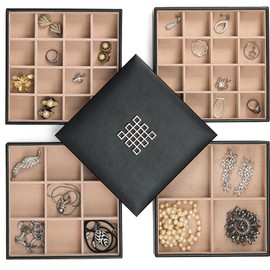 Glenor Co Earring Organizer Tray - 4 Stackable Trays with Lid -45 Slot Classic Jewelry Storage Display Case for Drawer or Dresser - Holder for Earring Ring Necklace or Cufflinks - Large Mirror - Black