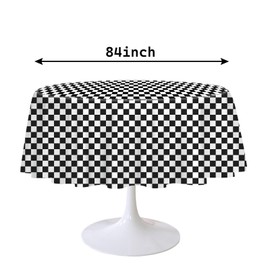 RINDOJIN 2 Pack Black and White Checkered Tablecloth Round 84 x 84 Inch Circle Plastic Table Cover Disposable Table Cloth for Race Car Theme Party Birthday Picnic Round Checkered Tablecloth