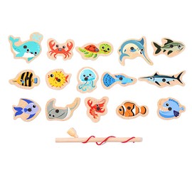 Magnetic Fishing Game Wooden Toy, 1 Set 15 Pieces Magnetic Wooden Puzzles Fishing Toy, Montessori Wooden Toy, with 1 Fishing Rod, for Girls, Boys, Kids, Multicoloured, Random Style