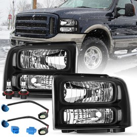 SOCKIR Headlight Assembly Fit for 1999-2004 Ford F250 F350 F450 F550 Super Duty / 2000-2004 Ford Excursion Black Housing Clear Reflector,Bulb Type: H13 (INCLUDED)