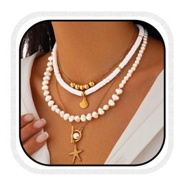 Reaky Pearl Necklace, Gold Bead Necklace, Multilayer Starfish Necklace, Beach Accessories for Women and Girls (4 Pack), Unit size, Pearl, /