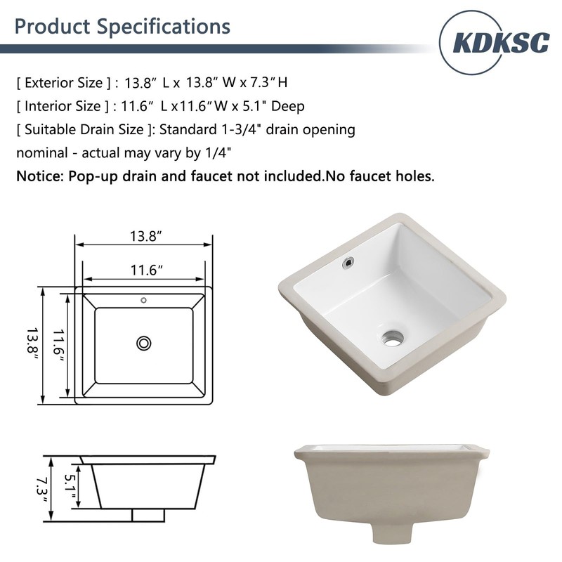 KDKSC 14 Inch Small Undermount Bathroom Sink White Ceramic Square