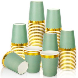 Whaline 50Pcs Sage Green Paper Cups with Gold Scalloped Edges 9oz Disposable Coffee Cups Beverage Drinking Cups Wedding Party Cups for Cold Hot Drinks Wedding Birthday Bride Shower Party Supplies