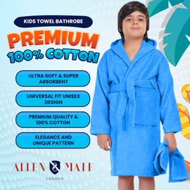 ALLEN & MATE Children's Bathrobe with Hood 100% Terry Cotton Quick-Drying for Children Boys and Girls Dressing Gown with Towel and Pockets, royal