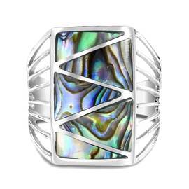 AeraVida Timeless Stripe Line Zig-Zag Abalone Shell .925 Sterling Silver Ring | Elegant Abalone Inlay Sterling Silver Ring for Women