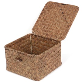 Moosky Wicker Shelf Baskets with Lid, Handwoven Seagrass Storage Basket Bins Square Gift Boxes for Shelves Home Decor Organizer (Coffee, X-Small)