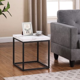 CENSI White Marble End Table Side Table for Living Room, Nightstand for Bedroom, Modern Industrial Wood and Metal Accent Coffee Table