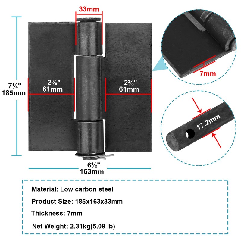 MOUNTAIN_ARK 2 Pack 7-1/4" x 6-1/2" Heavy Duty Weldable Hinges,