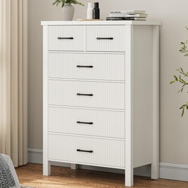Jocoevol Fluted 6 Drawers Dresser for Bedroom, Tall Modern Chest of Drawers with Metal Handle, Wooden Closet Clothes Storage Organizer for Living Room, Hallway (White)