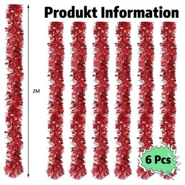 Pack of 6 x 2 m Christmas Garland Tinsel, Christmas Tinsel Garland, Tinsel Garland Christmas Tree, Christmas Decoration Metallic Garlands, Christmas Tree Decoration Tinsel, Tinsel Christmas Tree (Red)