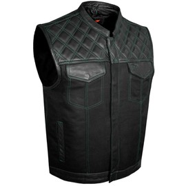 Dream Apparel Men’s SOA Denim & Leather Motorcycle Vest for Riding w/ 2 Concealed Carry Pockets, Biker Vest Black Club Vest w/Zipper and Snap Closure, 5 Snap Front Cowhide Leather Vest