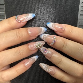 CECOBAG 24pcs Medium Pressed Almond Nail, Pink Rhinestone Encrusted French Pointed Nails, Reusable Artificial Nails with Floral Patterns for Women DIY Nail Art Kit