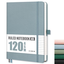 AHGXG Lined Journal Notebook, A5 College Ruled Notebook for Work Women Men, 120 GSM Thick Paper, 160 Numbered Pages, Hardcover Leather Journal for School, Writing, Note Taking, 5.7"×8.3", Gray Blue