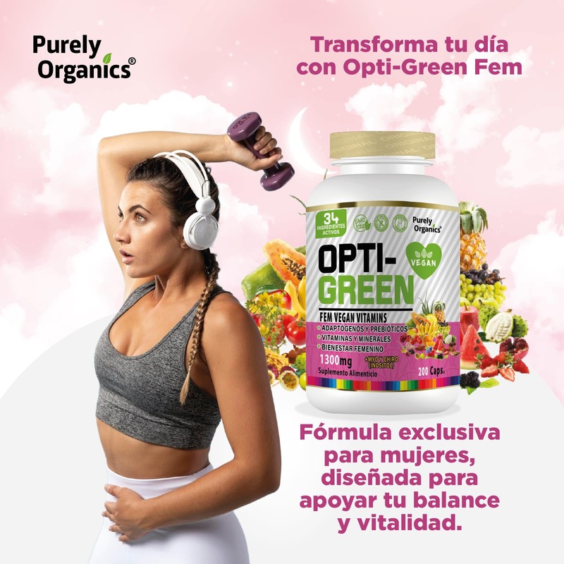 Opti-Green FemVegan Vitamins 200 Caps. Adaptogenos, Prebióticos, Vitaminas y Minerales