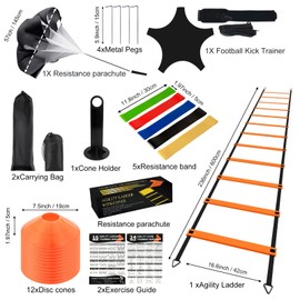 Speed Agility Ladder Soccer Training Equipment Set-20ft Agility Ladder, 12 Soccer Cones, Running Parachute, Soccer Kick Trainer, 5 Resistance Bands, Football Training Equipment for Kids Youth Adults