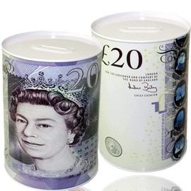 Vintage Money savings Tin Box | CashBox | LockBox | MoneyBox Notes Design safes Tinplate Multi Color For Kid & Adults Can Printed Bank Note £20 Large Jumbo (Large, £20)