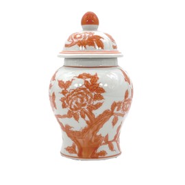 Galt International 8" Ceramic Ginger Jar w/Lid - Classic Chinese Style Porcelain Jar Tea Storage for Home Decor Decorative Centerpiece Vintage Accent Antique Vase Jingdezhen (Orange & White)
