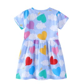 AMIYAN Toddler Girls Cotton Dress Summer Dresses Casual Cartoon Print Short Sleeve Dresses Spring Dress Clothes Blue Heart 4T