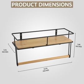 SDZOREN Hand Towel Holder with Wooden Shelf – Wall-Mounted Bathroom Towel Rack & Hanger - Space-Saving Bath Accessories, Modern Rustic Organizer for Bathroom, Kitchen, Toilet - Matte Black