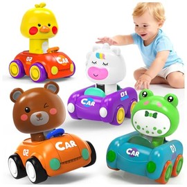 Press and Go Car Toys for Toddlers 1-3, 4 Pack Friction Powered Push and Go Animal Cars, Infant Baby Vehicle Set for 6-12-18 Months, 1st Birthday Gifts for 1-2 Year Old Boys Girls