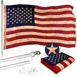 G128 Combo Pack: 5 Ft Aluminum Spinning Flagpole (Silver) & USA Tea-Stained Flag 2.5x4 Ft, ToughWeave Pro Series Embroidered 420D Polyester | Pole with Flag Included