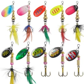 Fishing Lures Spinner Baits Kit, 10pcs Inline Spinnerbait with Rooster Feather Treble Hooks Spoon Lures for Bass Salmon Trout Hard Metal Spinner Baits with Tackle Box