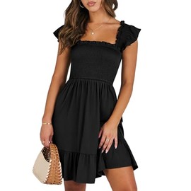 ANRABESS Womens Summer Casual Sleeveless Square Neck Smocked Ruffle Backless Boho Mini Dress 2025 Trendy Short Sundress Black Medium