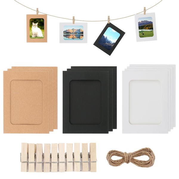 10Pcs Paper Photo Frames, 15.3 x 11.3cm Paper Picture Frame With Wooden Clips and String, DIY Creative Hanging Photo Frames Kit for Home Dorm Office Wall Decor
