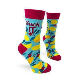 Fabdaz Suck It Women's Funny Saying Novelty Crew Socks with Yellow Lemons - Multicolor - 1 Pair, Fits Shoe Size 5-10