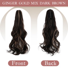 FELENDY Ponytail Extension Claw 18" 20" Curly Wavy Straight Clip in Hairpiece One Piece A Jaw Long Pony Tails for Women Ginger Gold mix Dark Brown
