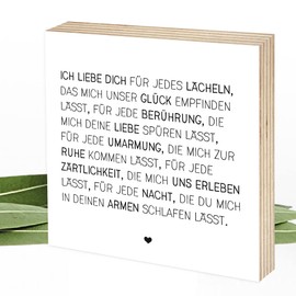 Wunderpixel® Holzbild Ich liebe dich für jedes Lächeln - Liebeserklärung - Aufsteller 15x15x2cm zum Hinstellen/Aufhängen - schwarz-weißes Holz-Schild Wand-Bild mit Spruch Geschenk Aufmerksamkeit
