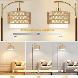 Arc Gold Floor Lamp for Living Room with Remote,Farmhouse Boho Floor Lamps with 3 Color Temperature,Rustic Standing Lamp with Hand-woven Rattan Wicker Shade,Adjustable Tall Lamp for Bedroom,Corner